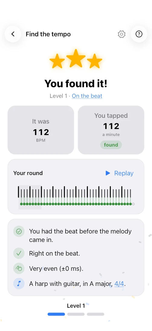 Riffscope’s Find the tempo game on an iPhone, after a round with three stars