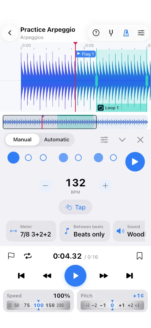Riffscope’s metronome on an iPhone in 7/8, under the waveform of the track