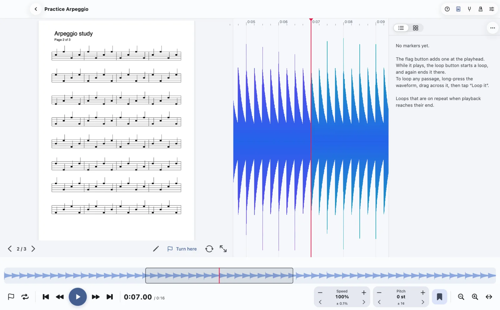 Riffscope on a Mac showing a score beside the recording’s waveform, with a loop and a page turn marked