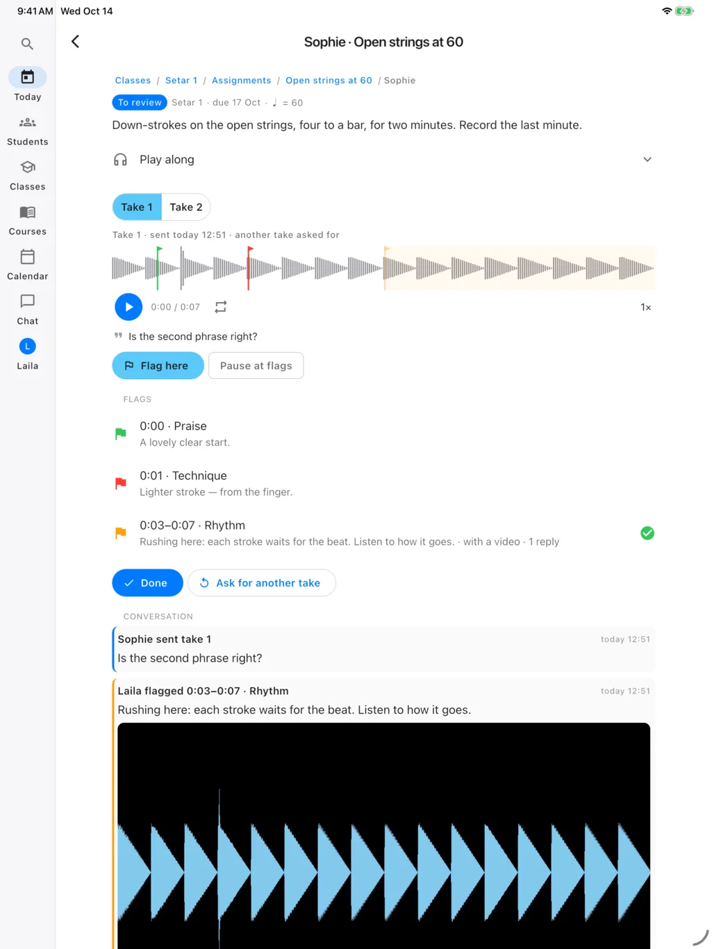 Percussiva School on an iPad: a teacher’s flags on a student’s recording, and the conversation with a video reply