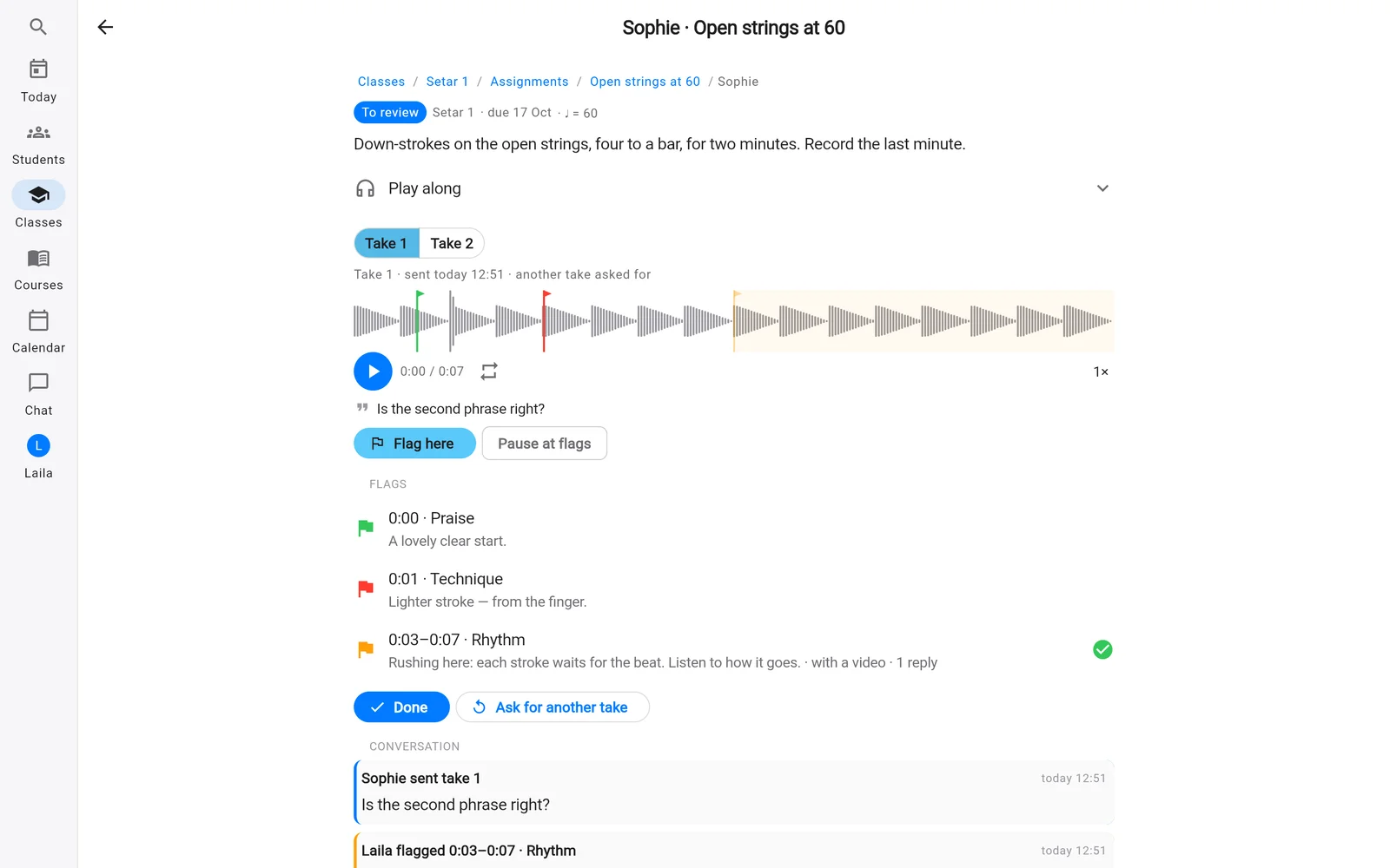 Percussiva School in a browser: a teacher reviews a student’s recording, with three flags on the waveform for praise, technique and rhythm, and the conversation below