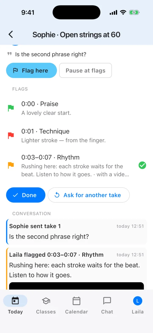 The flags on a student’s take in Percussiva School on an iPhone: praise, technique and rhythm, each with the teacher’s note