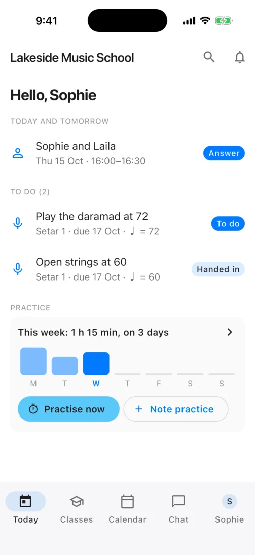 A student’s home page in Percussiva School on an iPhone: the next lesson, two assignments to record, and practice time this week