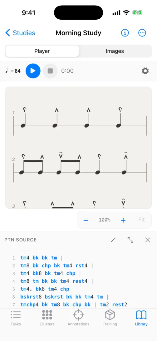 Percussiva Studio on an iPhone with the score’s text notation open below the player