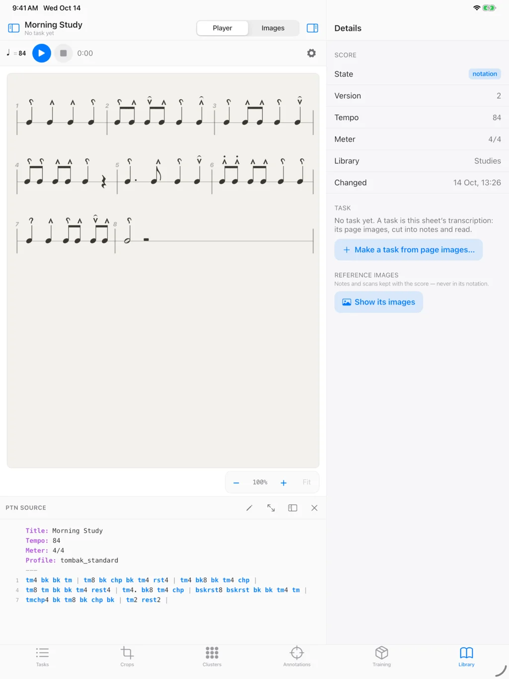 Percussiva Studio on an iPad: the player over a score, its text notation below and the score’s details beside it
