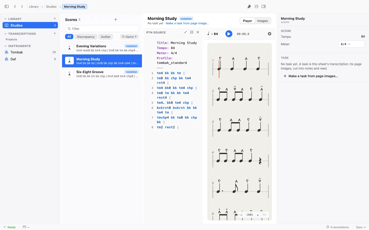 Percussiva Studio on a Mac: a library of scores, one score’s text notation, and the player showing that score as tombak notation